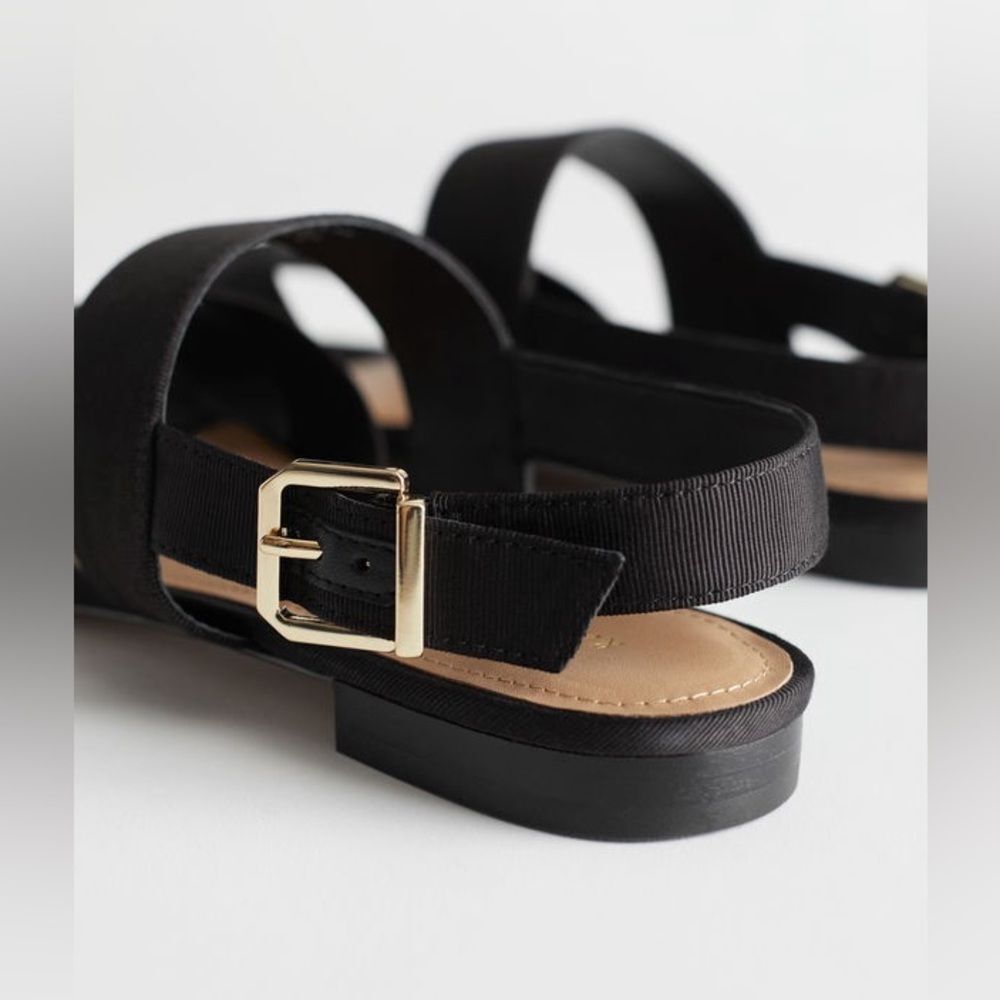 & Other Stories Black Twill Slingback Buckled Sandals Women’s 8 Wide Strap Flats - Picture 8 of 14